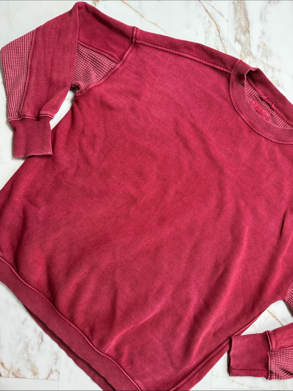 Aerie Thermal Waffle Knit Pull Over Sweat Shirt Sz XS Oversized Red Loungewear
